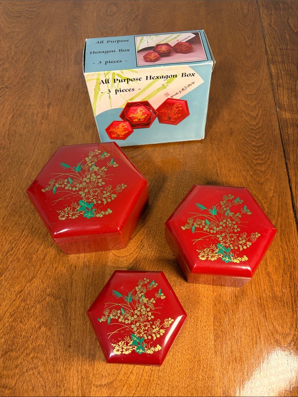 Set of 3 Red Hexagon Decorative Boxes with Gold Floral Design